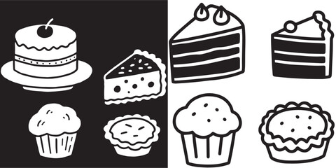 Black and white vector  hand-drawn illustrations of various desserts: cakes, slices, cupcakes, and mini pies. A charming set of doodle icons for baking and sweet treats.