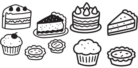 Several hand-drawn doodle vector illustrations of various desserts including cake slices, a whole cake, cupcakes, and tarts, outlined in black on a white background.