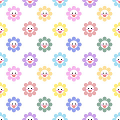 Colorful smiling flowers pattern, white background