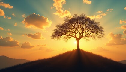 Lone Tree Silhouette on Hill at Sunset with Golden Light Rays