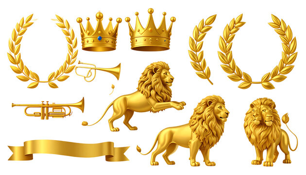 Gold crown of the king. Laurel wreath, trumpet, lion, ribbon. 3d icon set png 