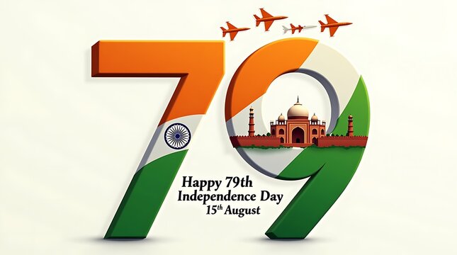 Independence day 79 years celebration vector with indian flag color typography ashoka chakra monuments fighter jets and 15 august greeting message for patriotic banners and event graphics