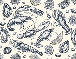 Fototapeta premium Seafood Sketch Detailed Lobster Shrimp Oyster and Lemon Pattern on Cream Background