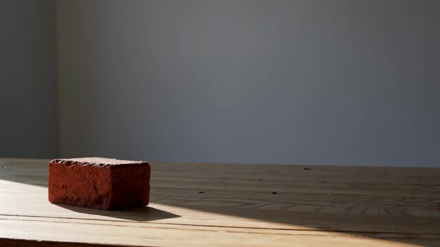 Minimalist video concept featuring a single brick on a wooden table. Side angle captures natural light and shadow play on a plain background.