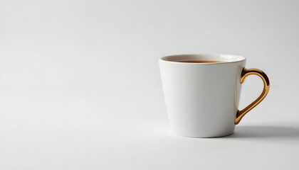 Ceramic white coffee mug with gold handle isolated on light gray background, soft shadows, minimalistic style.
