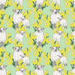 Sheep and flowers pattern design, green background