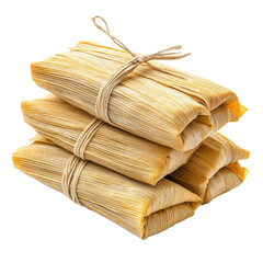 Stack of tamales wrapped in corn husks isolated on white background