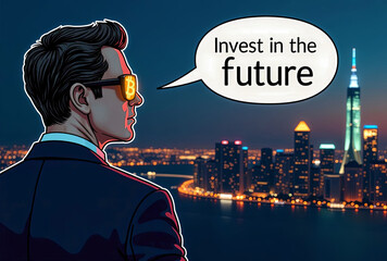 A person in a sharp suit, wearing sunglasses with glowing Bitcoin symbols, standing before a towering city skyline at night, with a speech bubble stating "Invest in the future"