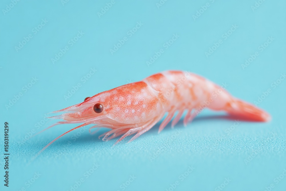 Poster single fresh shrimp on smooth solid color background showcasing its texture