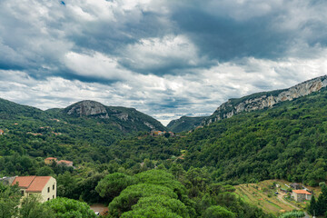 Valley Landscape in Southern France with Overcast Sky