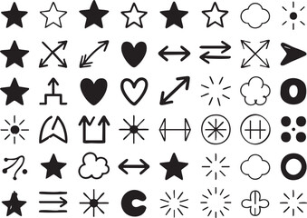Hand Drawn Doodle Icons Set Arrows Stars Hearts Clouds Sun