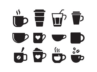 A set of various coffee and beverage icons, perfect for representing different types of hot and cold drinks in a simple, clean design on white