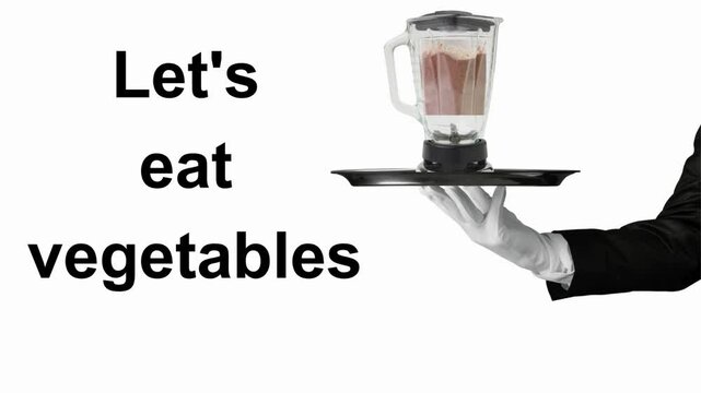 Eat vegetables features images of vegetables on a tray held by a person in a suit wearing a glove. The vegetables are blended with a blender to produce vegetable juice. Food, drink, health