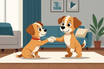 Two cute puppies learning to shake hands, one with red collar, facing each other on white rug in bright living room. Concept of puppy learning to shake hands, pet interactions.