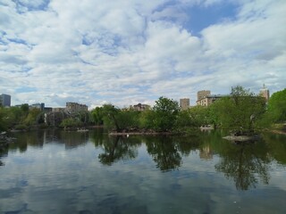 Pond reflects sky in moscow zoo