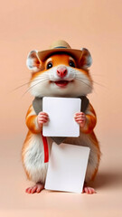 Traveling hamster holds a blank sheet of paper for text on a pastel background. Tourism and travel concept.