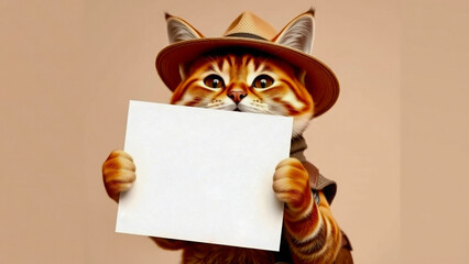 Cat holds blank paper for text on pastel background. Tourism and travel concept.