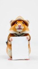 Hamster in a hat holds a blank sheet of paper for text. Travel concept.