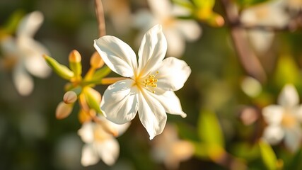 Obraz premium A delicate white flower blossoms in the warm sunlight showcasing its intricate petals and vibrant yellow center.