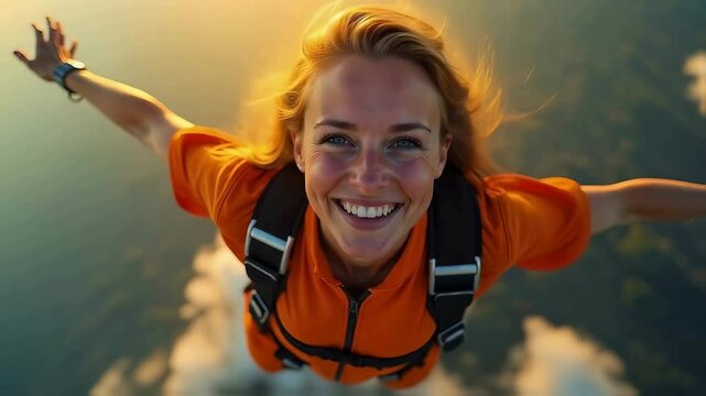 A thrilling moment of freefalling from the sky with a joyful expression