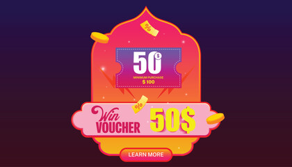 A colorful voucher Pop Player design with $50 WIN VOUCHER text is perfect for promotional offers, festive deals, and e-commerce campaigns.