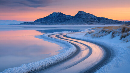 Empty sand spit road cutting through a salt lake, leading to nowhere. Minimalist landscape with blurred background, symbolizing isolation, uncertainty, and endless journey.