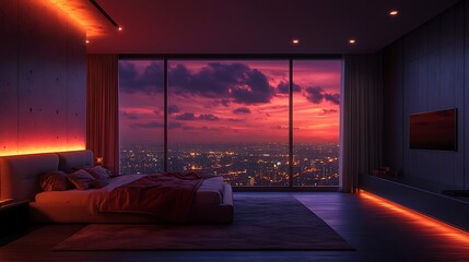 Evening light spilling across a minimalist bedroom in a high-rise home, sky outside glowing with magenta and amber hues, city lights flickering on below