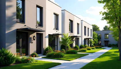 Modern townhouse row with identical flat fronts, minimalistic color palette, and small front gardens