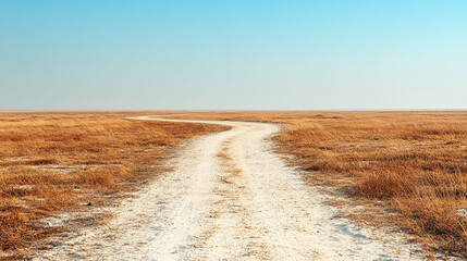 Empty sand spit road cutting through a salt lake, leading to nowhere. Minimalist landscape with blurred background, symbolizing isolation, uncertainty, and endless journey.