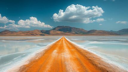 Empty sand spit road cutting through a salt lake, leading to nowhere. Minimalist landscape with blurred background, symbolizing isolation, uncertainty, and endless journey.