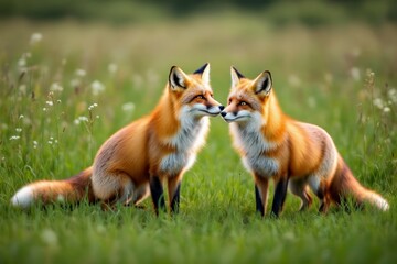 Romantic fox couple, vibrant orange fur, sitting close together, intense expressions. Concept of romantic fox couple, connection, tenderness, nature, soft lighting, animal.