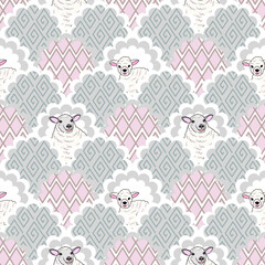 Adorable Lamb and Geometric Pattern: A Playful Repeat Design Featuring Cute Sheep and Abstract Shapes in Pink and Gray