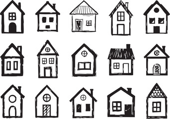 Collection of Hand Drawn Houses Black and White Doodle Style Isolated on White
