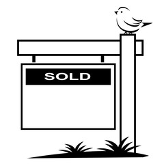 Real estate sold sign with bird on post