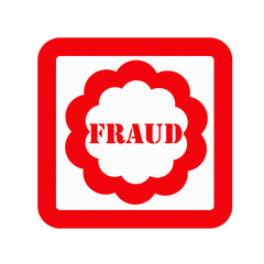 Bold red "FRAUD" text inside a red circle, enclosed within a red square, set on a clean white background. Simple and impactful design to signify deception or financial crime.