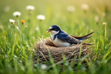 Fototapeta premium Swallow feeding in nest with insect in beak, soft natural light highlighting peaceful scene. Concept of swallow feeding showcasing animal nurturing behavior in serene environment.