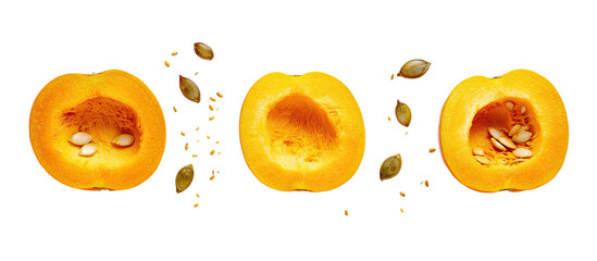 Orange pumpkin with flesh and seed displays