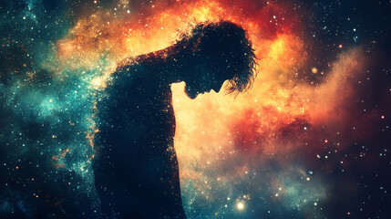 Silhouette of a man dissolving into glass-like fragments, symbolizing depression, loneliness, and fragile mental health. Abstract concept with caption space on blurred background for awareness themes.