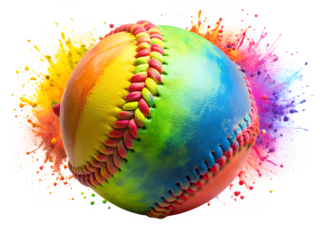 baseball ball behind colorful paint splashes isolated on white background. PNG Transparent file type with high definition quality And vibrant color grading Available.