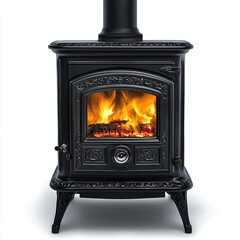 Black cast iron wood-burning stove, ornate details, glowing fire