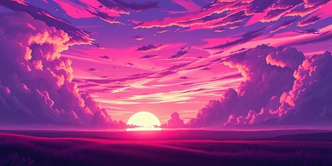 Fototapete Rund Magical anime sunset landscape  vibrant purple skies, fluffy clouds, colorful light, beautiful scenery, light, colorful © chanasorn