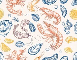 Seafood Sketch Pattern with Shrimp Oysters Mussels Lemon Slices and Delicate Leaves