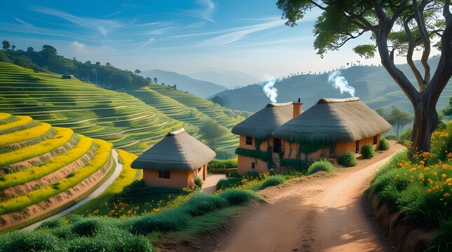 Serene Village Scene – Rural Homes Nestled in Verdant Hill Landscape