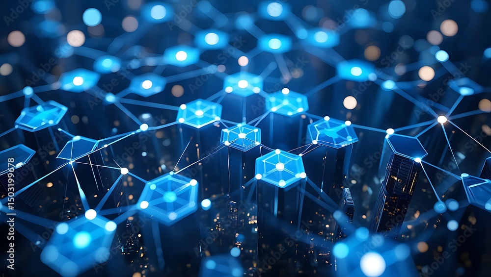 Aufkleber abstract network interconnected hexagons and glowing nodes