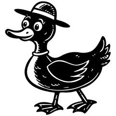 Funny cute cartoon duck character with a hat, isolated vector illustration