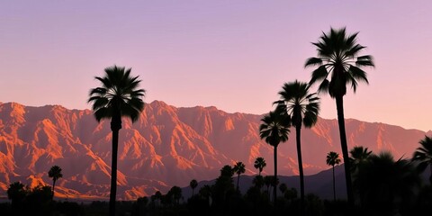 Majestic California palm trees silhouette against towering Coachella Valley mountains, La Quinta, desert