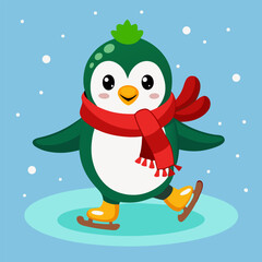 Cute cartoon penguin in a Santa hat celebrating a merry Christmas holiday with a snowman, vector illustration