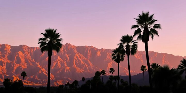 Majestic California palm trees silhouette against towering Coachella Valley mountains,  La Quinta,  desert
