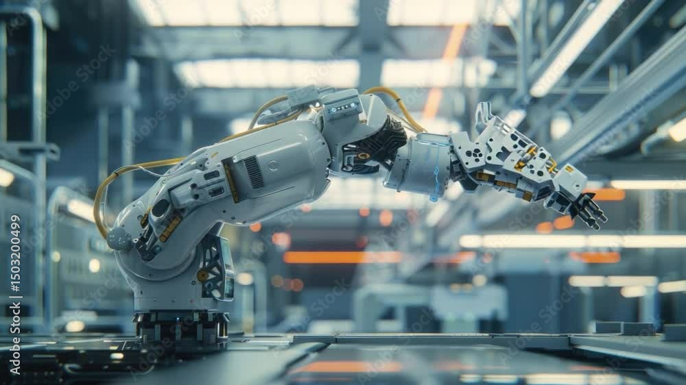 Aufkleber robotics technology: advanced robotic arm in industrial setting with modern machinery and futuristic