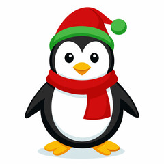 Cute cartoon penguin wearing a Santa hat, ready for a fun Christmas holiday illustration in the snow